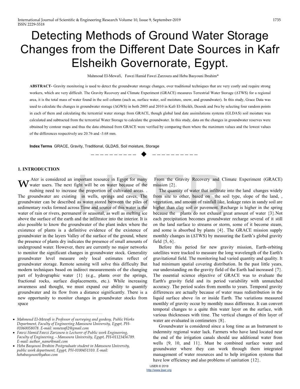 Detecting Methods of Ground Water Storage Changes from the Different Date Sources in Kafr