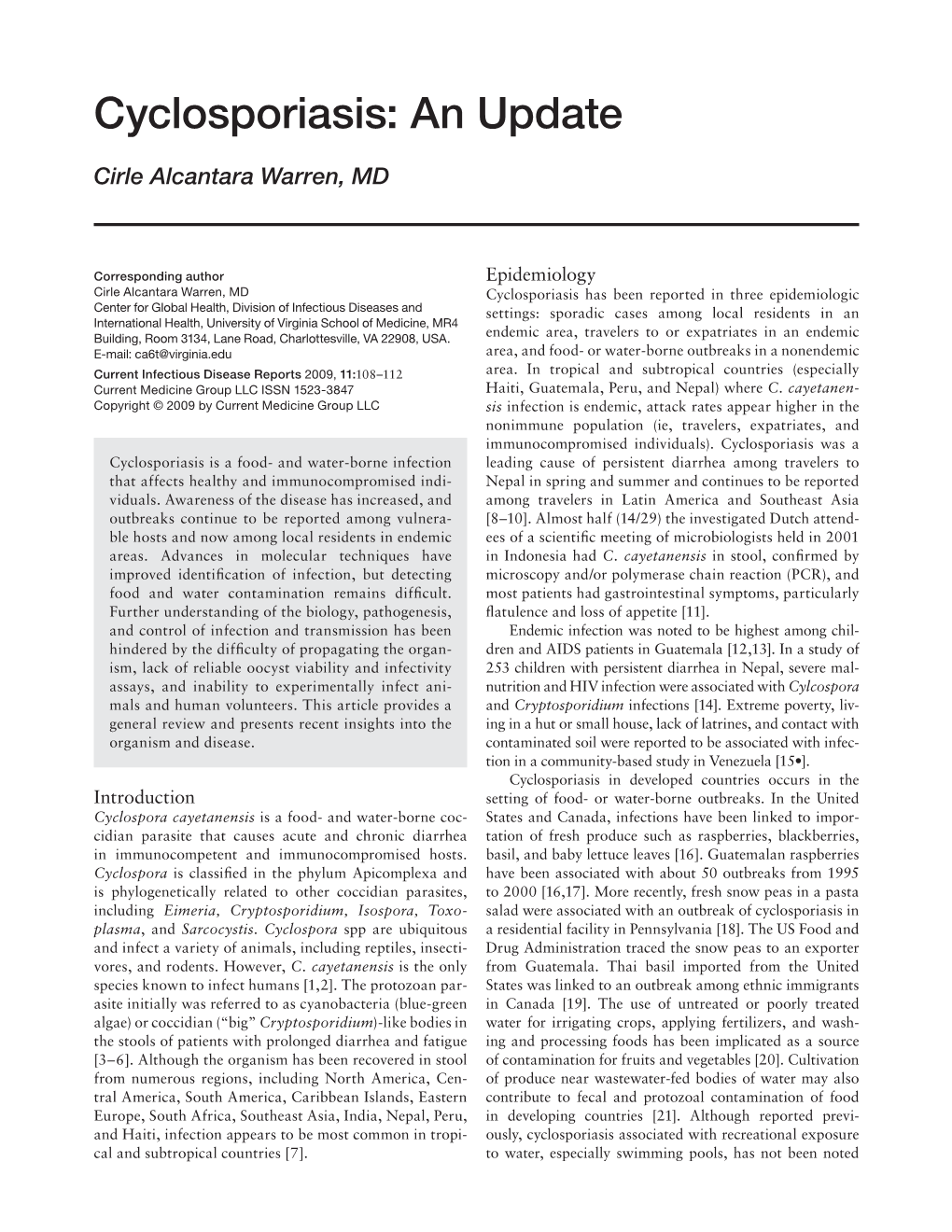 Cyclosporiasis: an Update