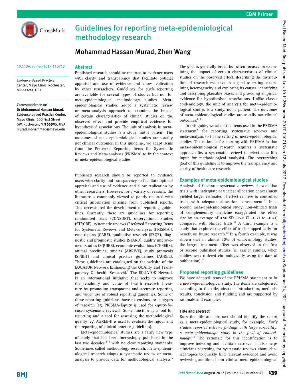 Guidelines for Reporting Meta-Epidemiological Methodology Research