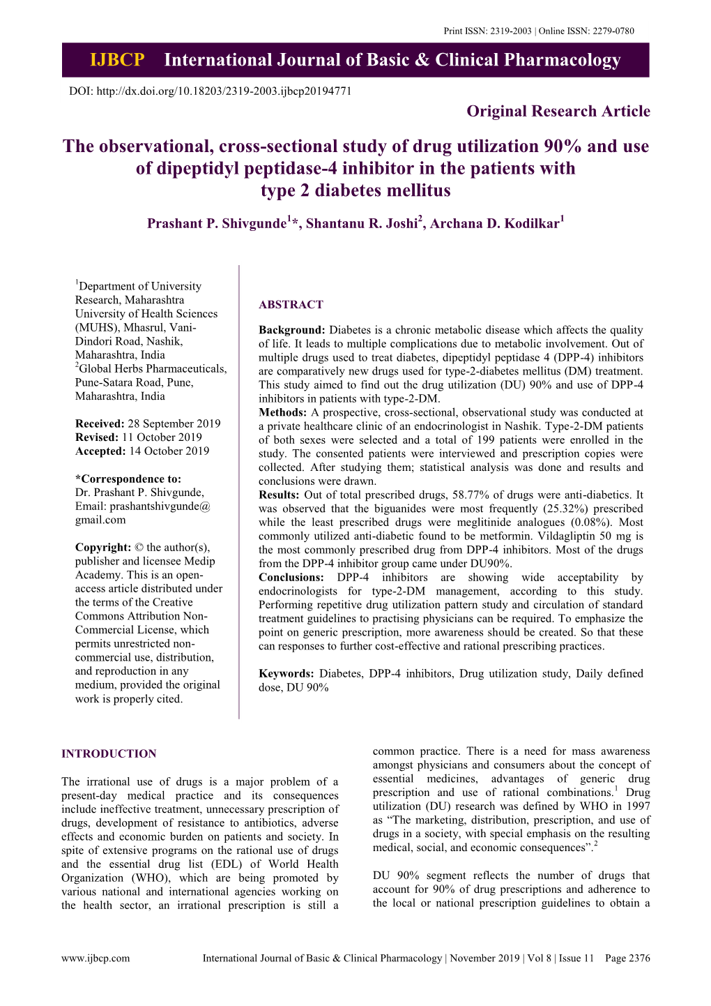 IJBCP International Journal of Basic & Clinical Pharmacology the Observational, Cross-Sectional Study of Drug Utilization