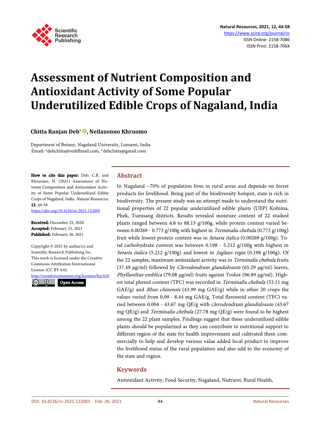 Assessment of Nutrient Composition and Antioxidant Activity of Some Popular Underutilized Edible Crops of Nagaland, India