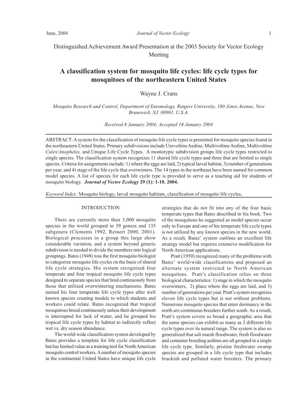 A Classification System for Mosquito Life Cycles: Life Cycle Types for Mosquitoes of the Northeastern United States