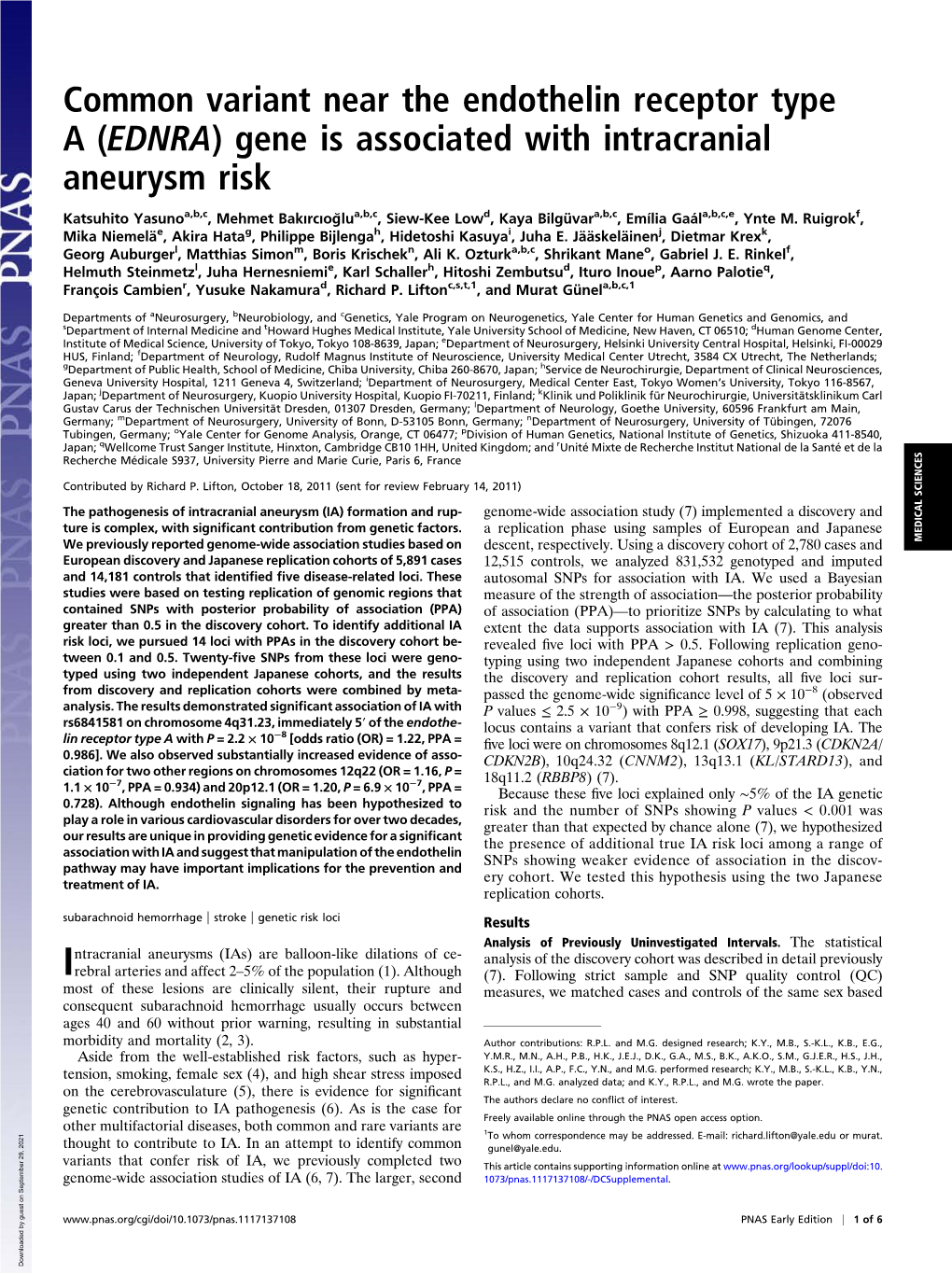 Common Variant Near the Endothelin Receptor Type a (EDNRA)