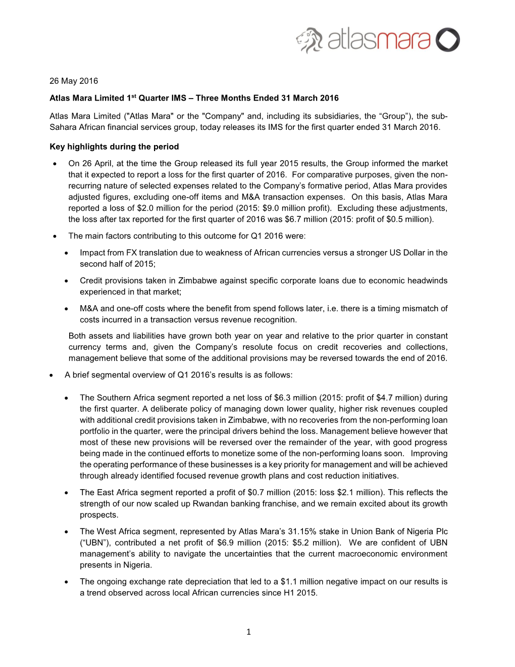 26 May 2016 Atlas Mara Limited 1St Quarter