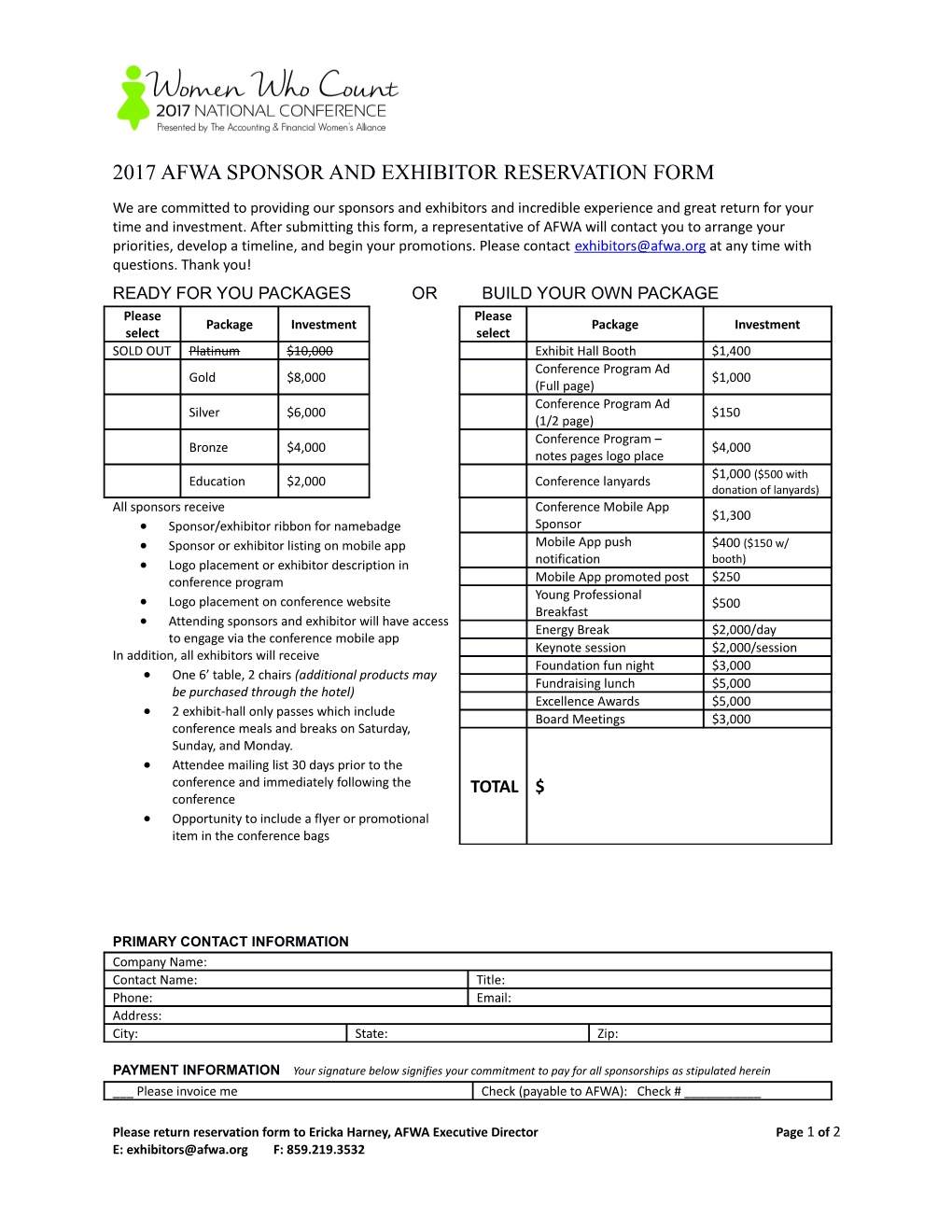 2017 Afwa Sponsor and Exhibitor Reservation Form