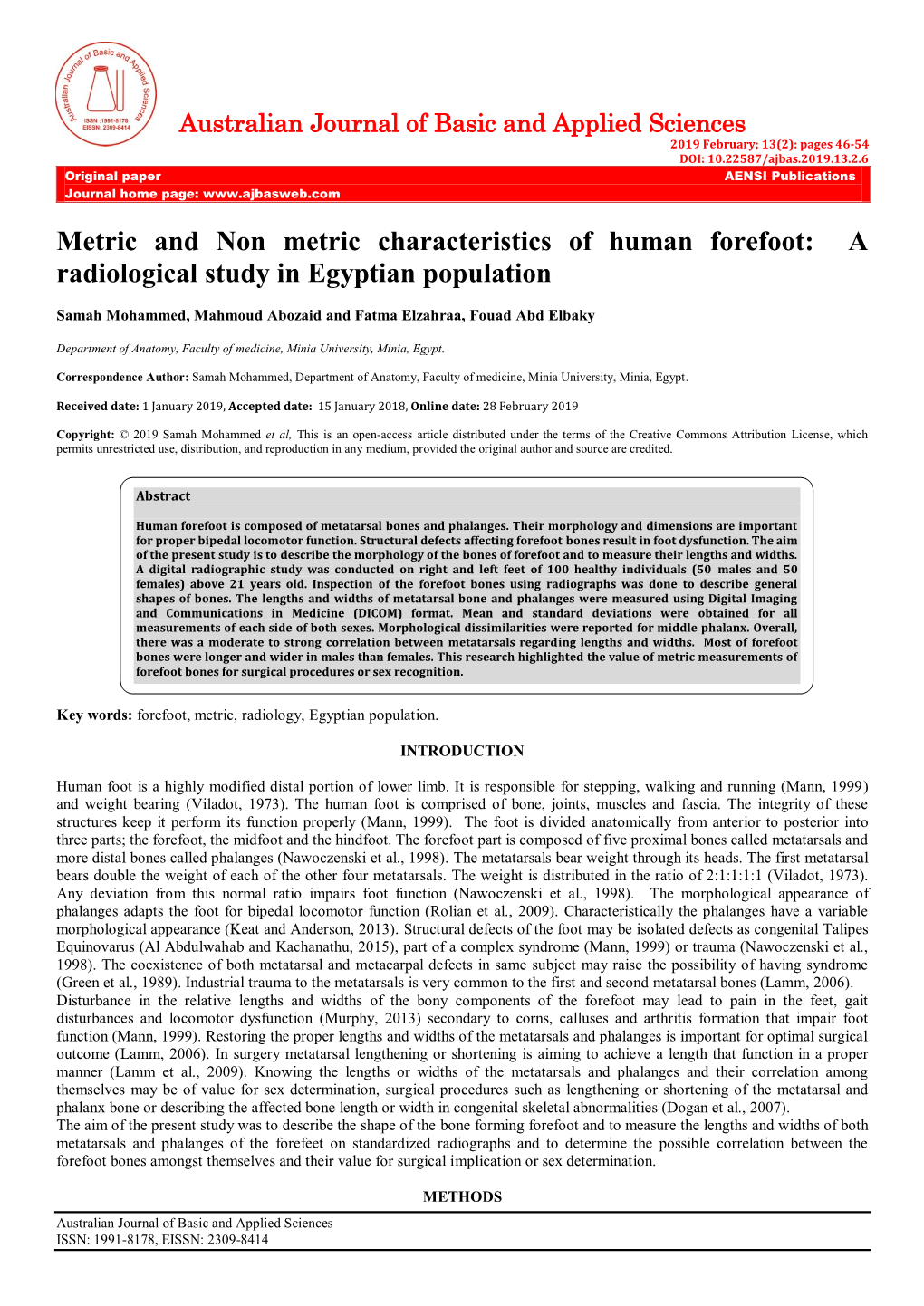 Metric and Non Metric Characteristics of Human Forefoot: a Radiological Study in Egyptian Population