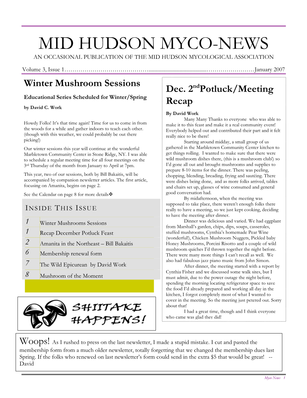 Mid Hudson Myco-News an Occasional Publication of the Mid Hudson Mycological Association