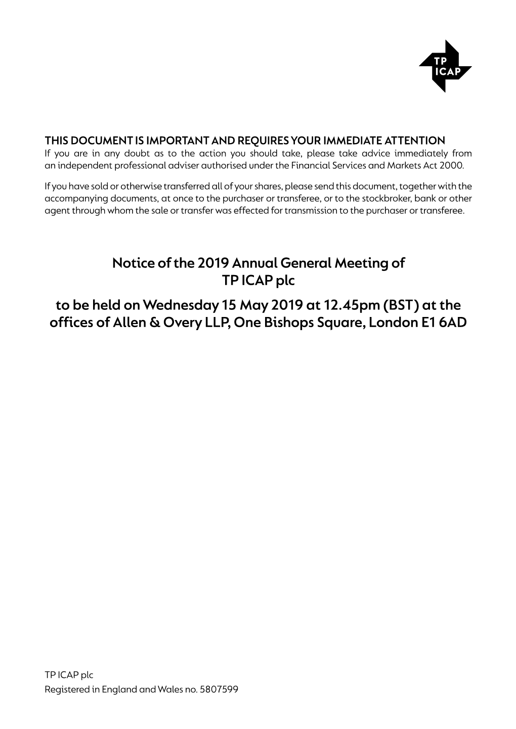 Notice of the 2019 Annual General Meeting of TP ICAP Plc to Be