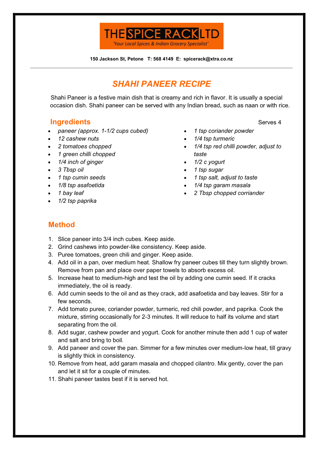 Shahi Paneer Recipe