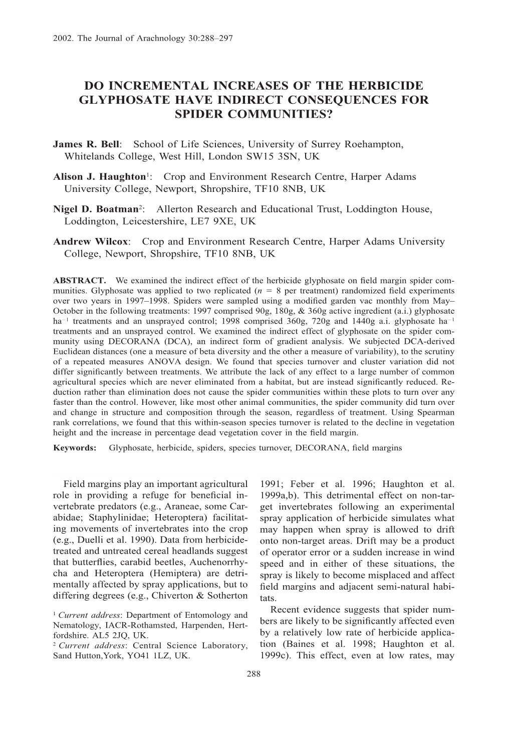 Do Incremental Increases of the Herbicide Glyphosate Have Indirect Consequences for Spider Communities?