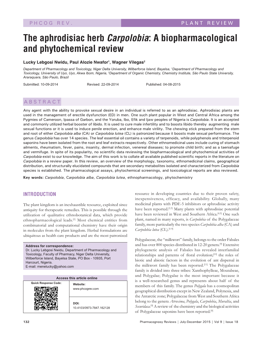 The Aphrodisiac Herb Carpolobia: a Biopharmacological and Phytochemical Review