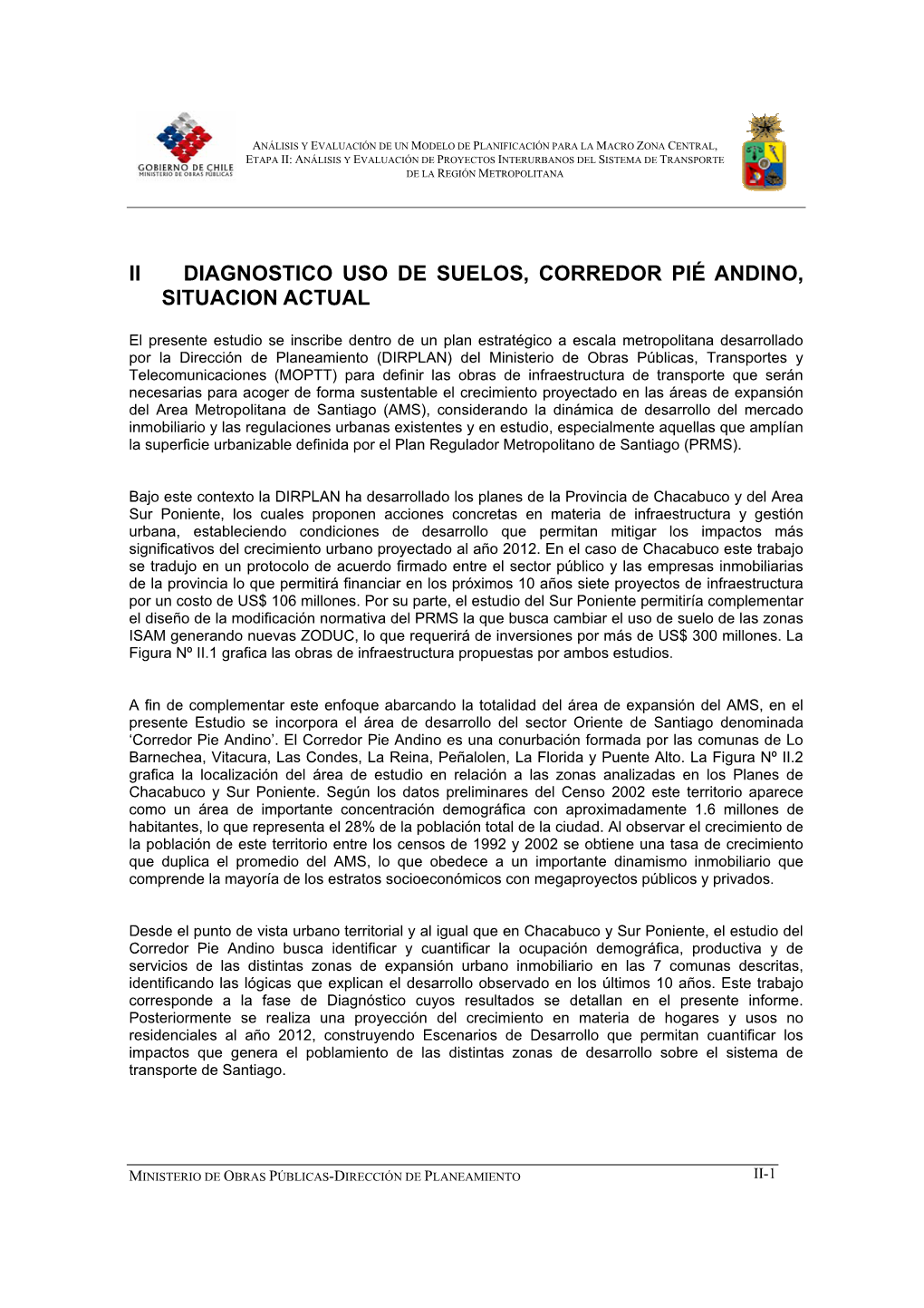 Ii Diagnostico Uso De Suelos, Corredor Pié Andino, Situacion Actual