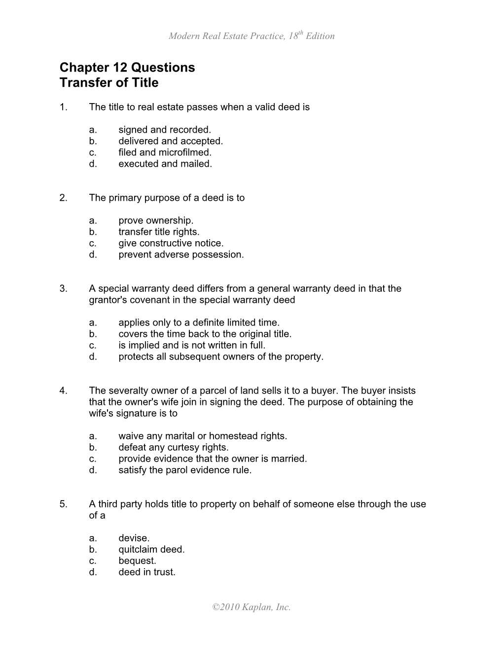 Chapter 12 Questions Transfer of Title