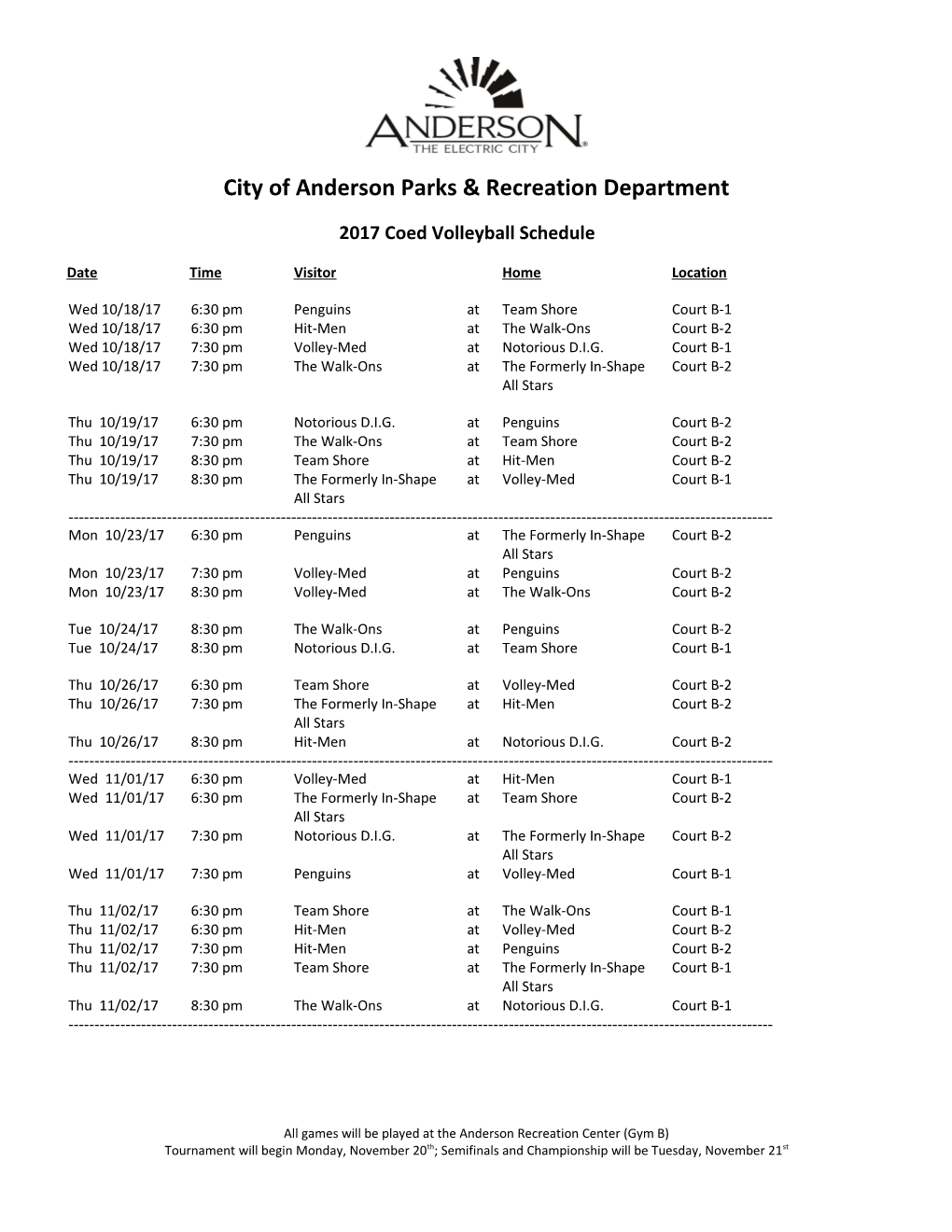 City of Anderson Parks & Recreation Department