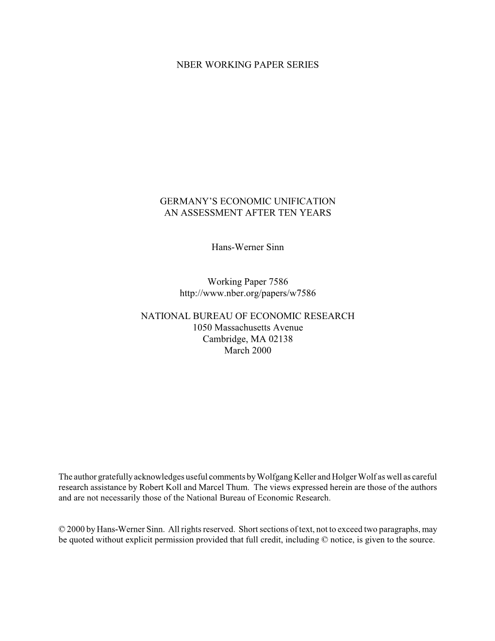 Nber Working Paper Series Germany's Economic