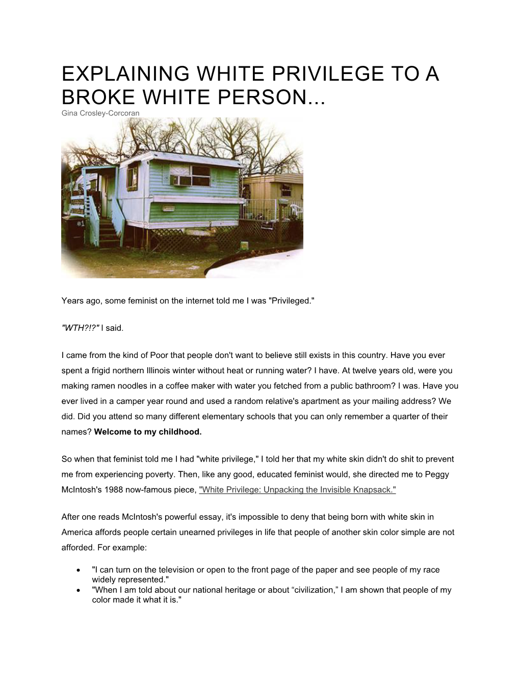 EXPLAINING WHITE PRIVILEGE to a BROKE WHITE PERSON... Gina Crosley-Corcoran