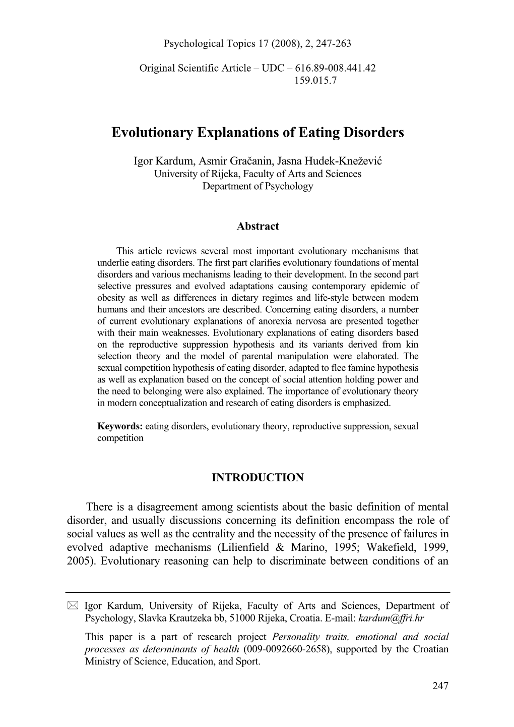Evolutionary Explanations of Eating Disorders