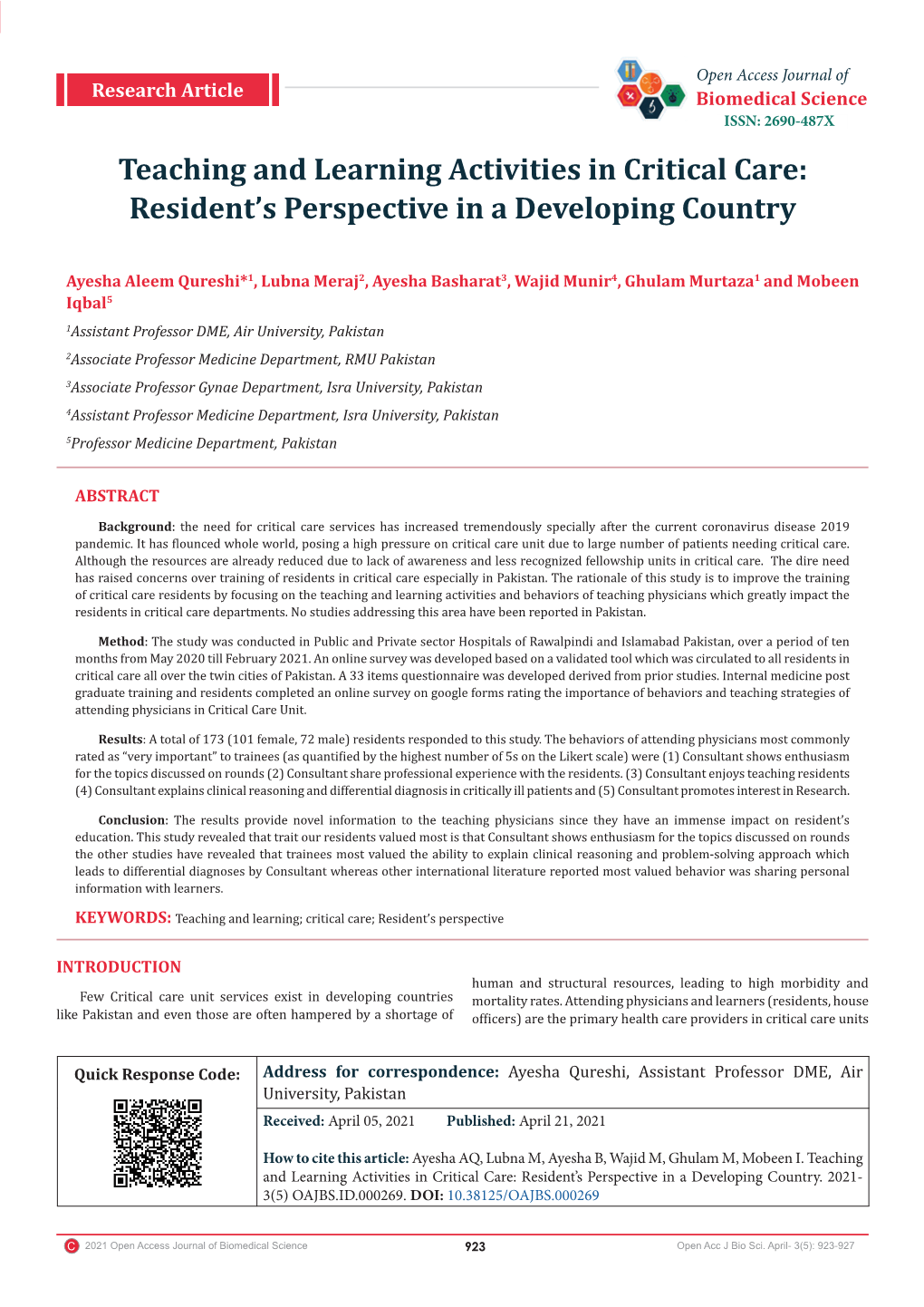 Teaching and Learning Activities in Critical Care: Resident’S Perspective in a Developing Country