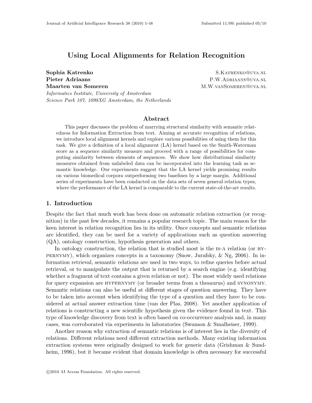 Using Local Alignments for Relation Recognition