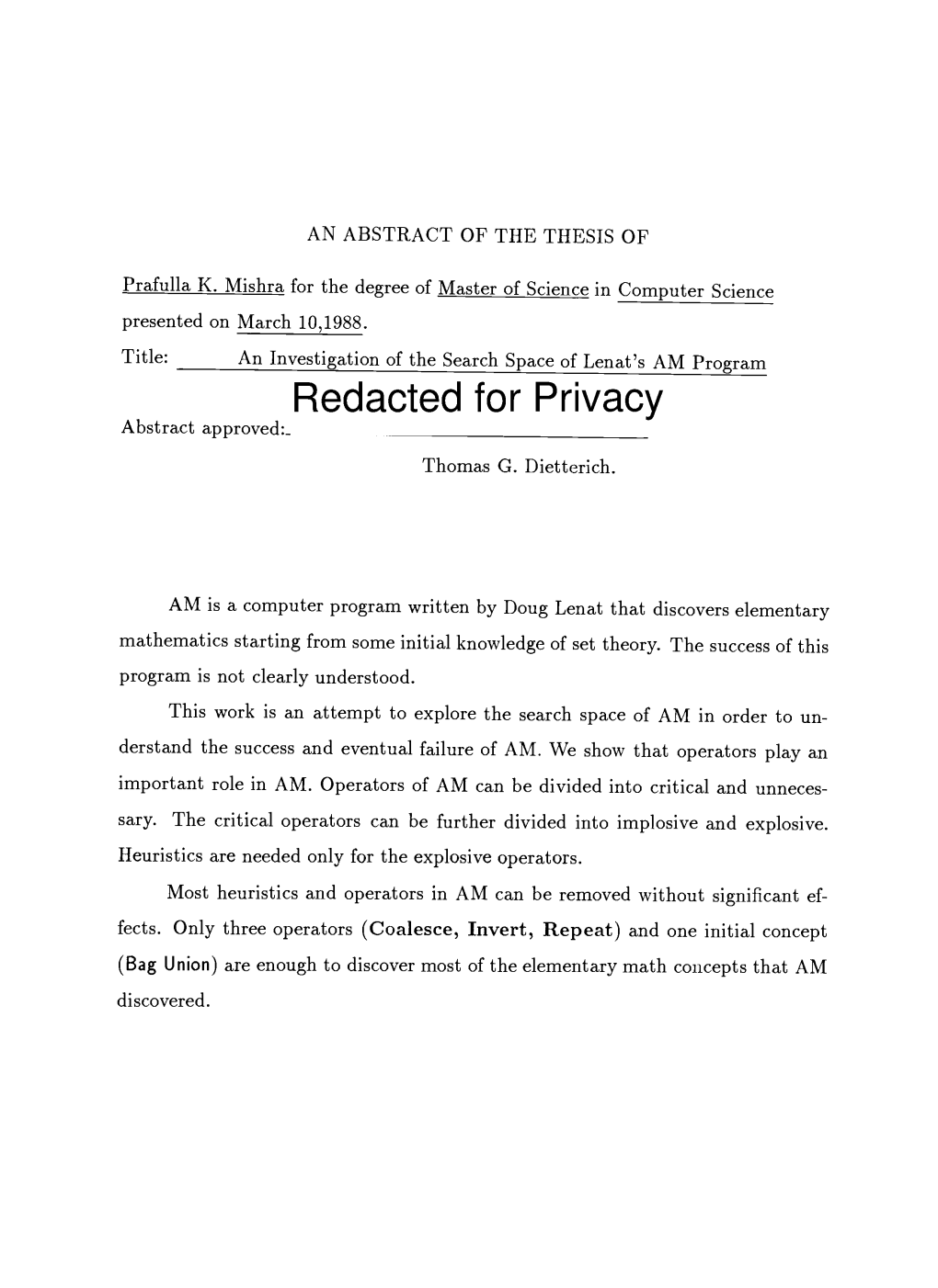 An Investigation of the Search Space of Lenat's AM Program Redacted for Privacy Abstract Approved: Thomas G