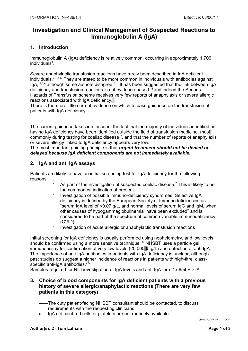 Investigation and Clinical Management of Suspected Reactions to Immunoglobulin a (Iga)