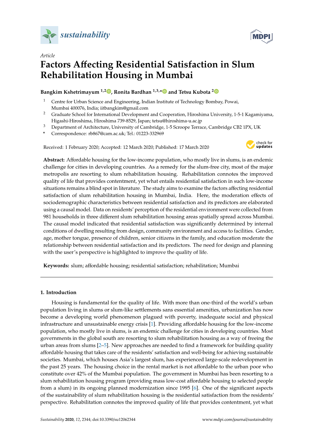 Factors Affecting Residential Satisfaction in Slum Rehabilitation Housing in Mumbai (As Shown in Table 1)