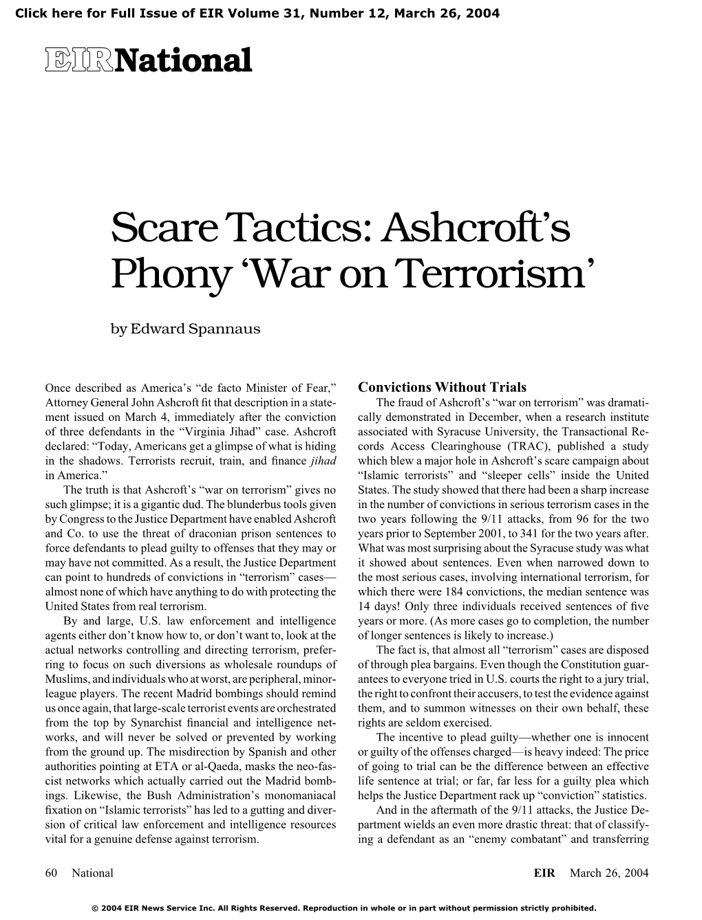 Scare Tactics: Ashcroft's Phony 'War on Terrorism'