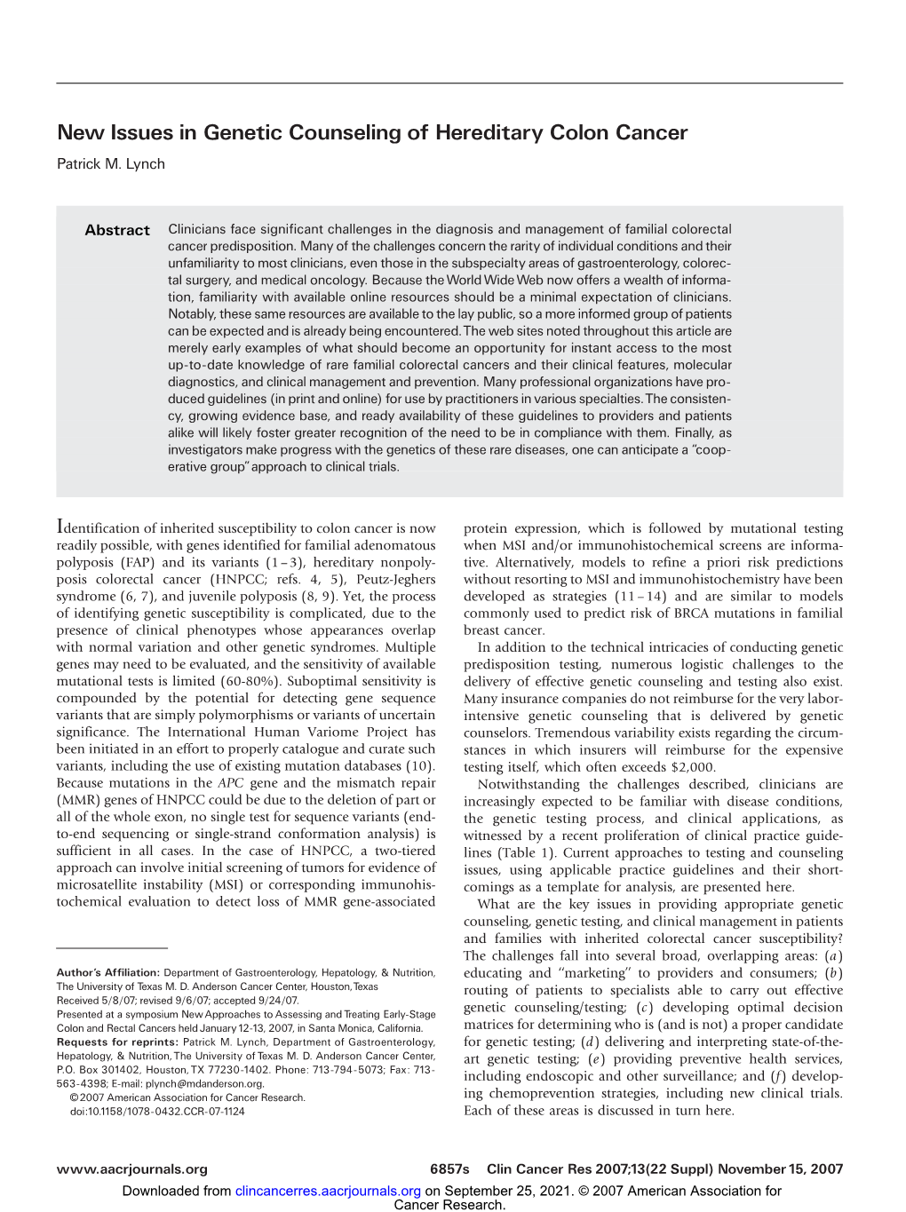 New Issues in Genetic Counseling of Hereditary Colon Cancer Patrick M