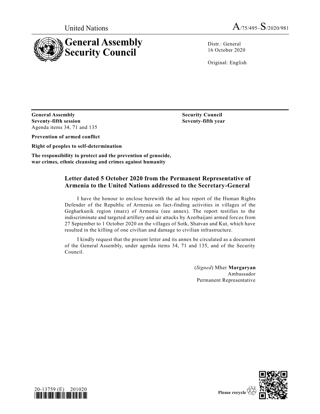General Assembly Security Council Seventy-Fifth Session Seventy-Fifth Year Agenda Items 34, 71 and 135