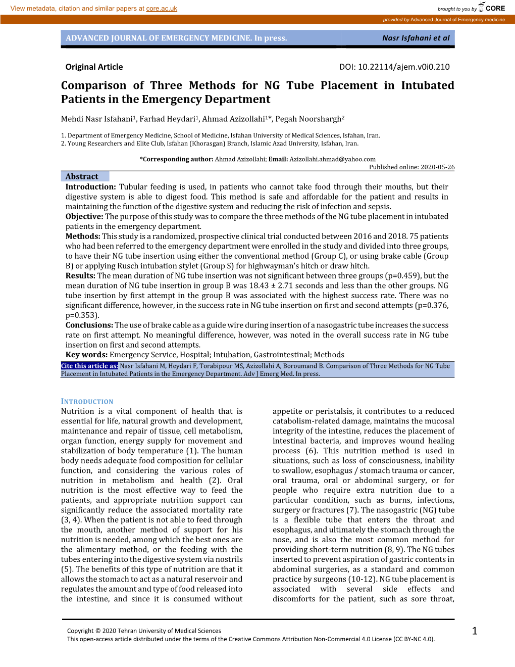 ADVANCED JOURNAL of EMERGENCY MEDICINE. in Press. Nasr Isfahani Et Al