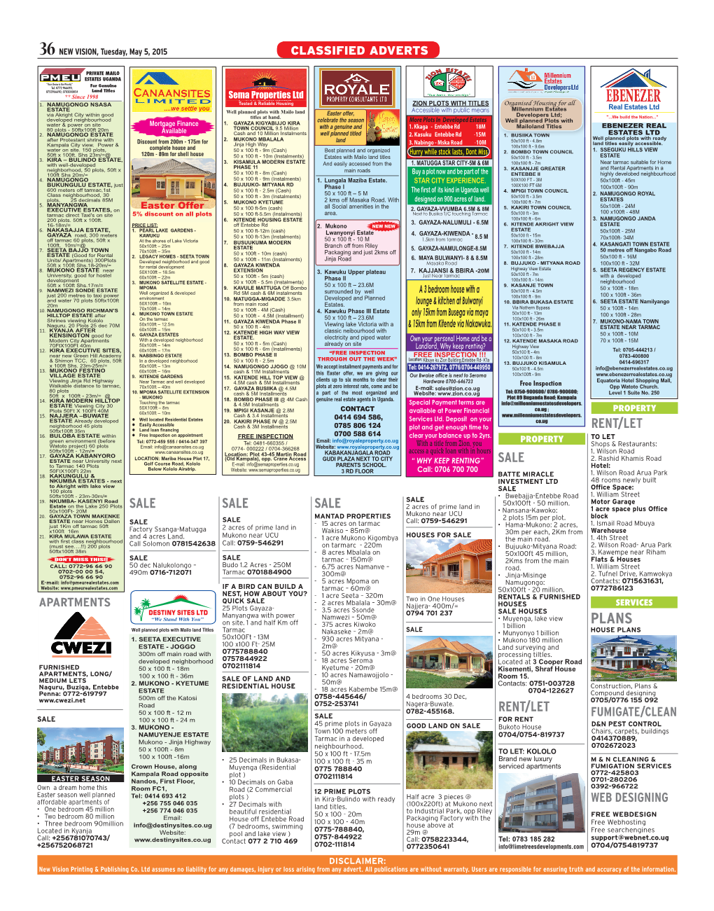 36 NEW VISION, Tuesday, May 5, 2015 CLASSIFIED ADVERTS