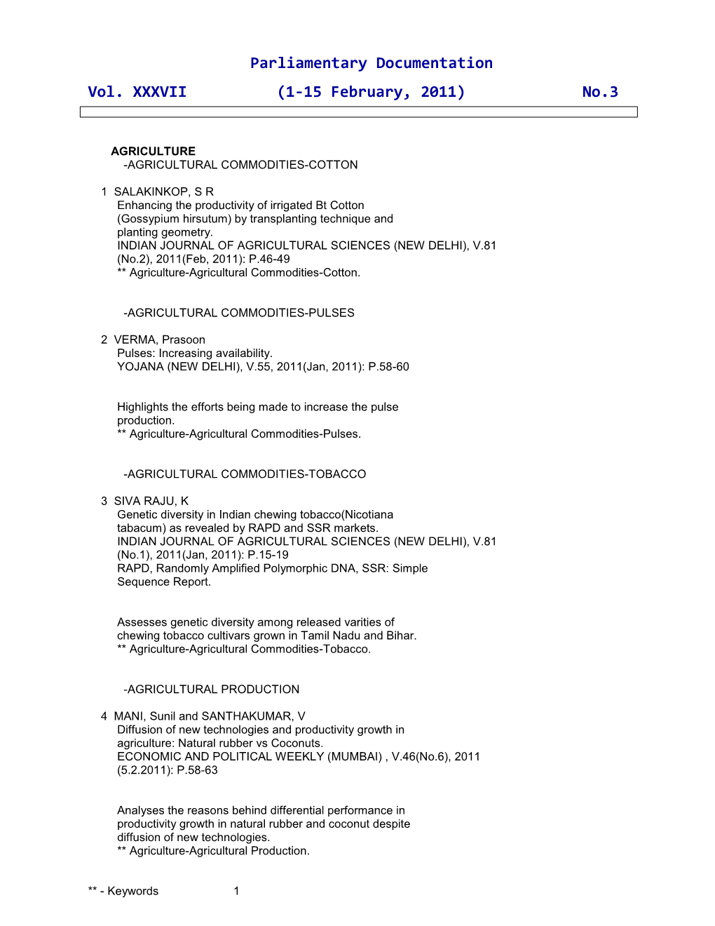 Parliamentary Documentation Vol. XXXVII (1-15 February, 2011) No.3