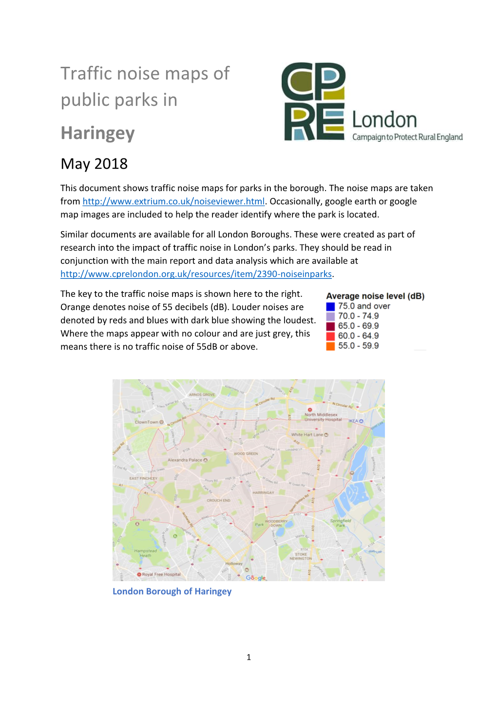 Traffic Noise Maps of Public Parks in Haringey May 2018