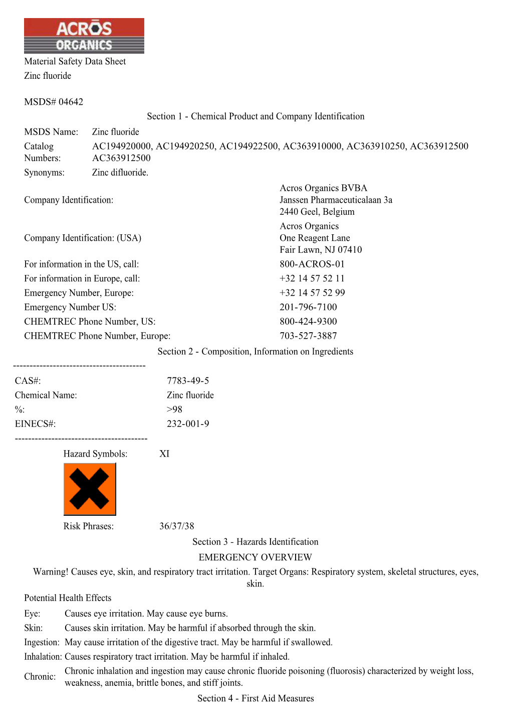 Material Safety Data Sheet Zinc Fluoride MSDS# 04642