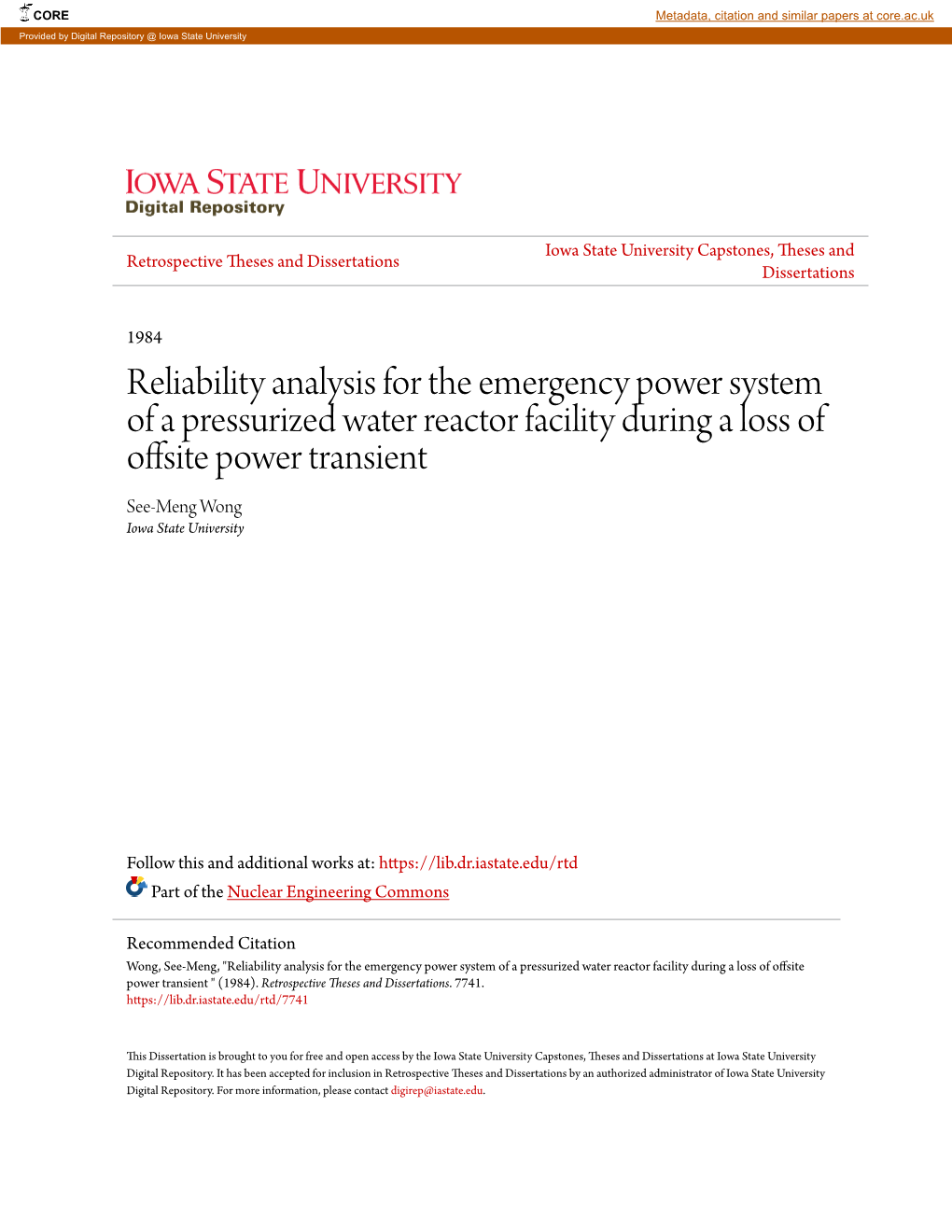 Reliability Analysis for the Emergency Power System of a Pressurized