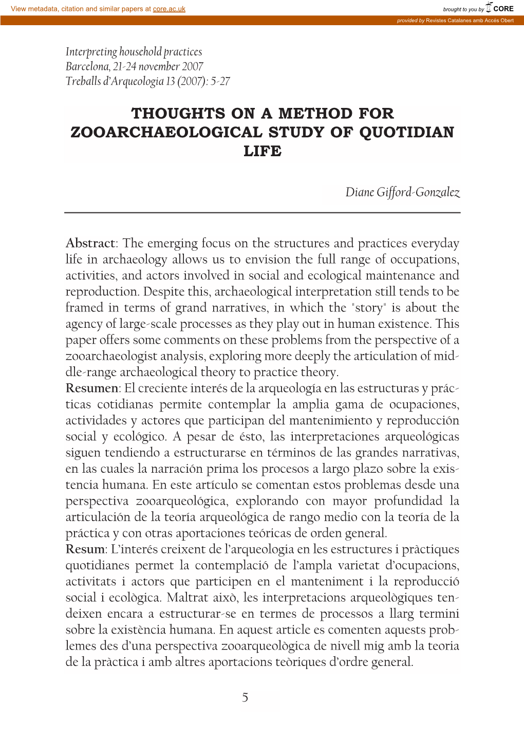 Thoughts on a Method for Zooarchaeological Study of Quotidian Life