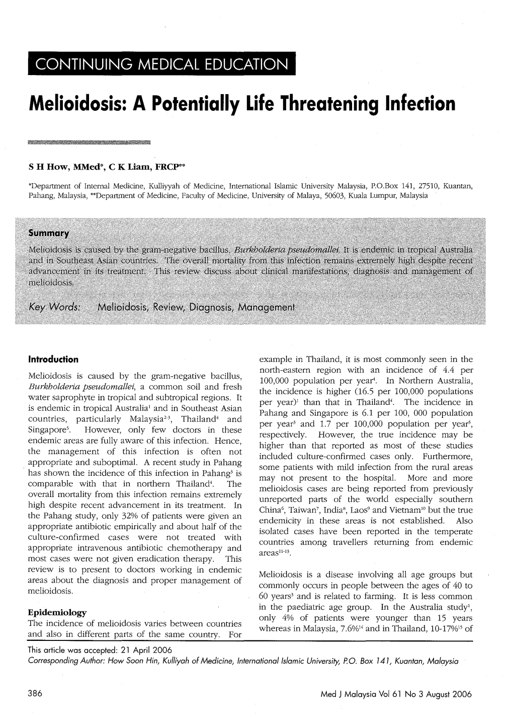 Melioidosis: a Potentially Life Threatening Infection