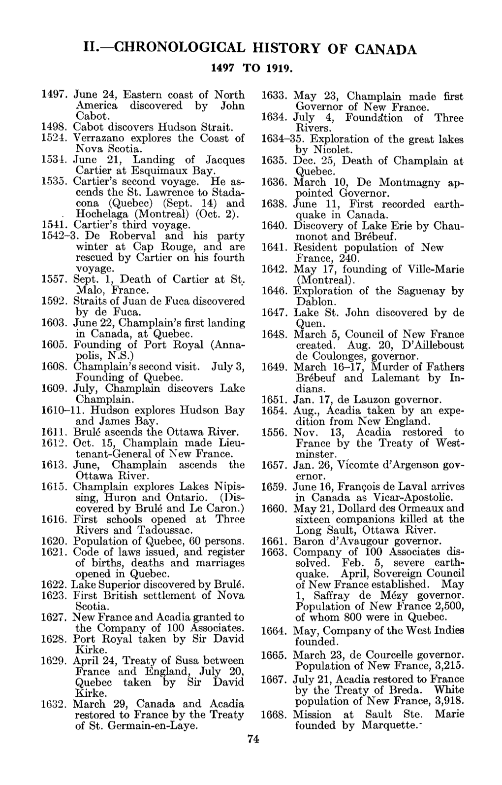 Chronological History of Canada 1497-1919