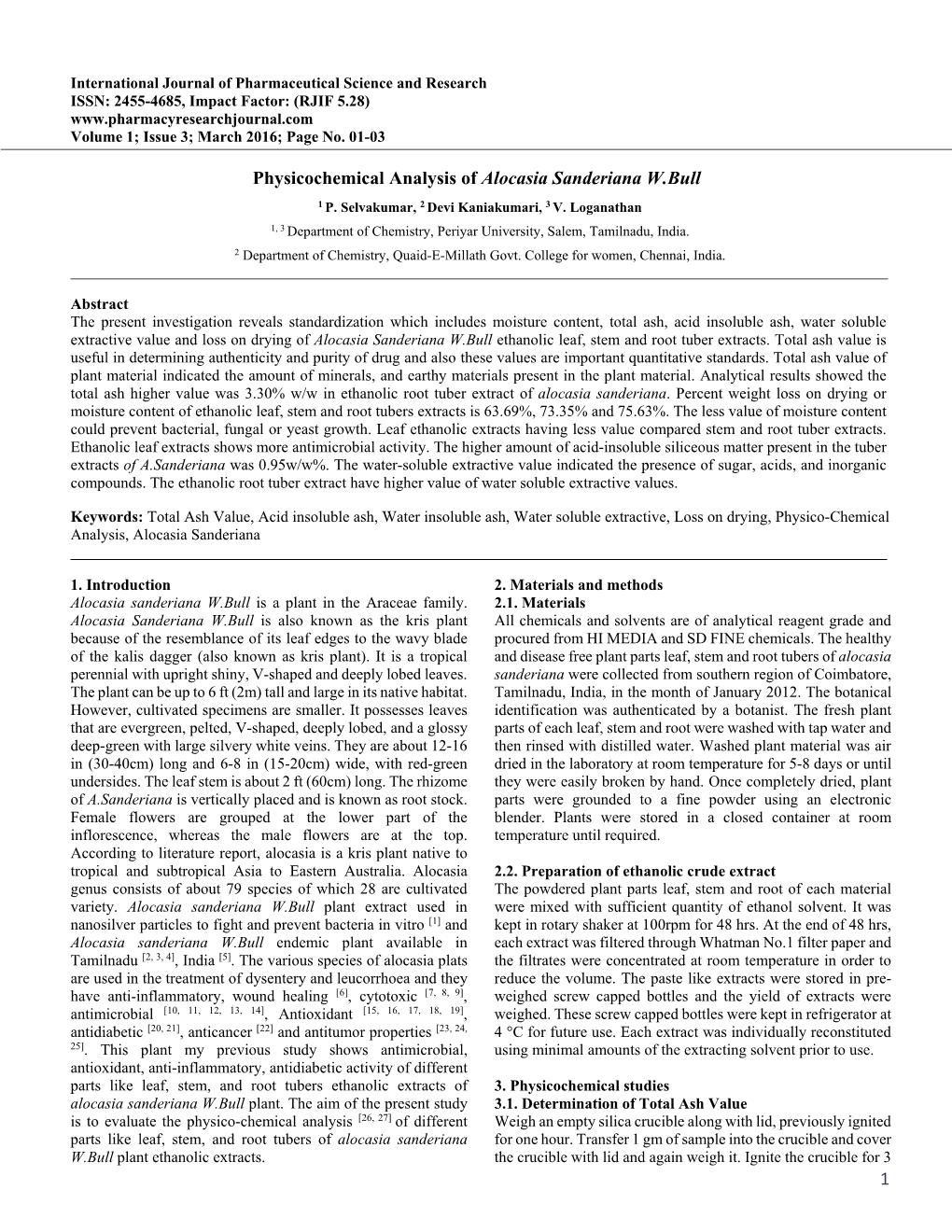 1 Physicochemical Analysis of Alocasia Sanderiana W.Bull