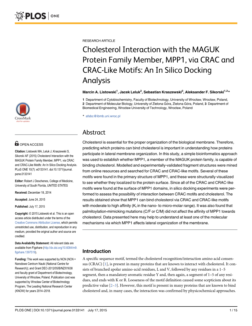 Cholesterol Interaction with the MAGUK Protein Family Member, MPP1, Via CRAC and CRAC-Like Motifs: an in Silico Docking Analysis