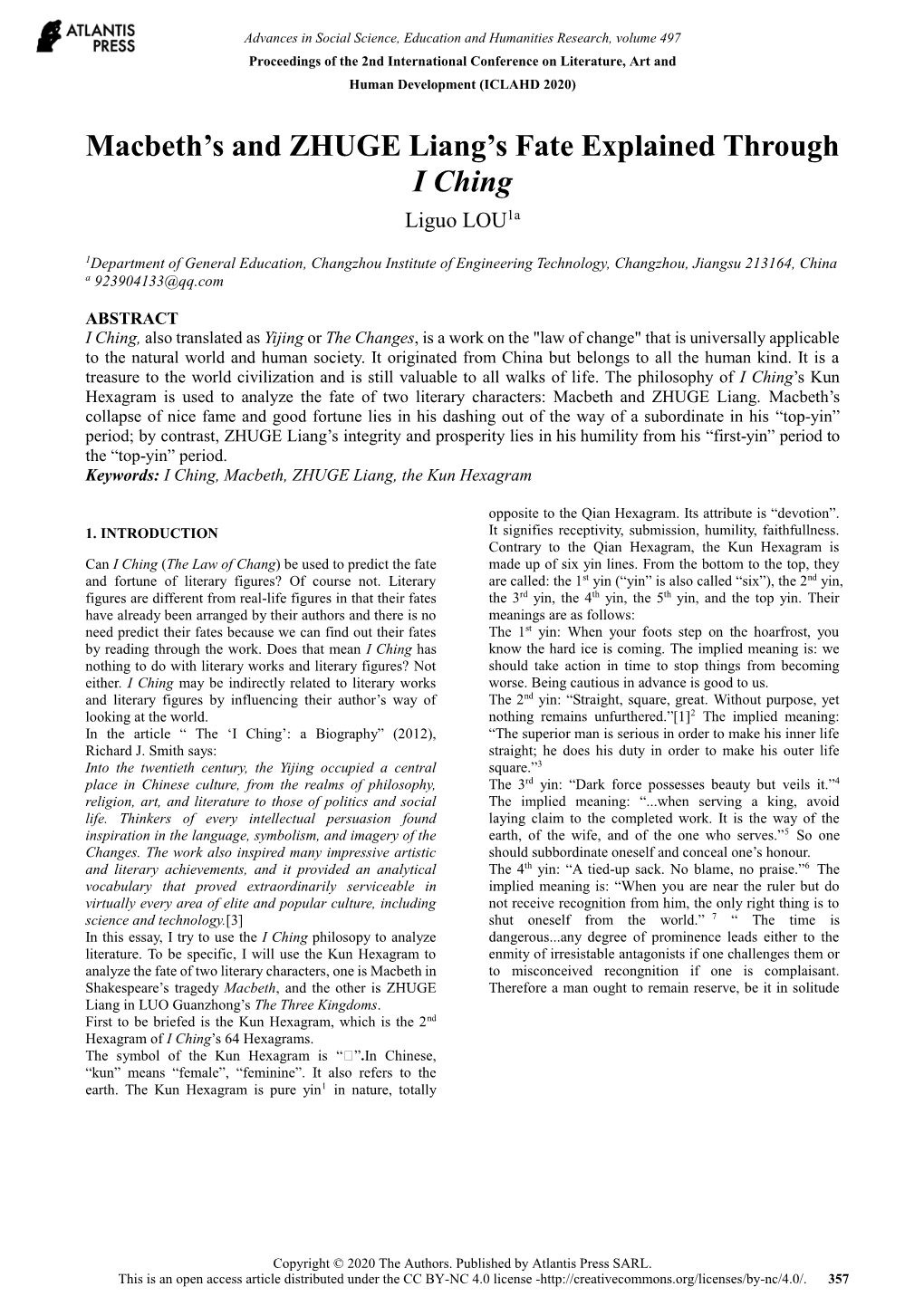 Macbeth's and ZHUGE Liang's Fate Explained Through I Ching