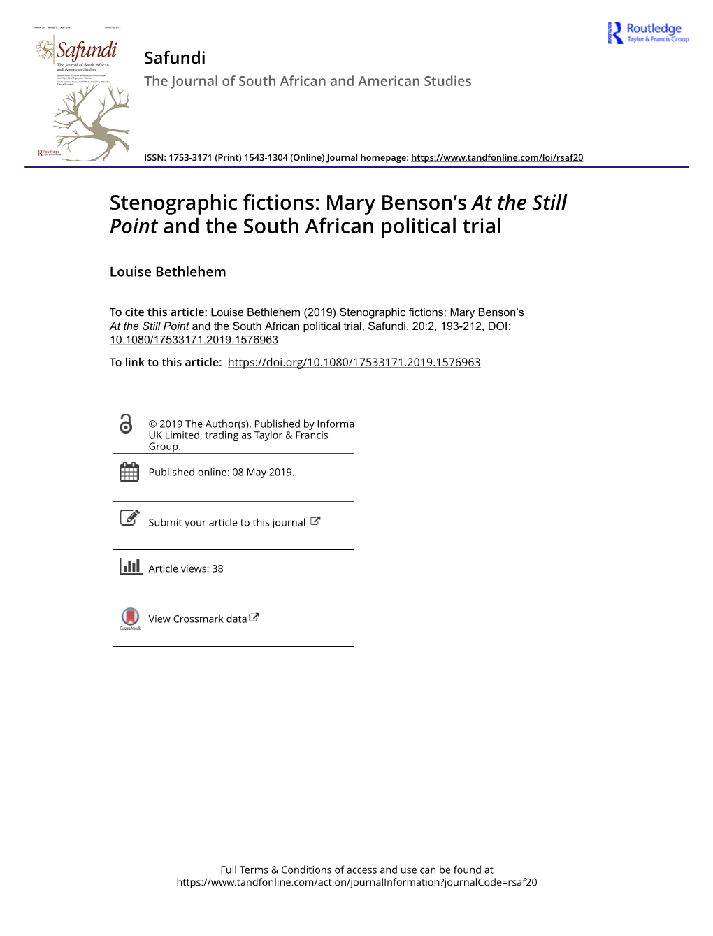 Mary Benson's at the Still Point and the South African Political Trial