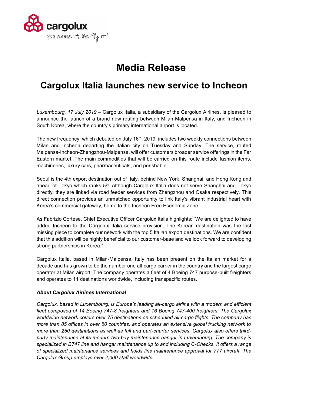 Media Release Cargolux Italia Launches New Service to Incheon