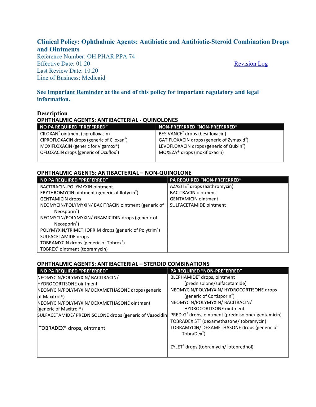 Antibiotic and Antibiotic-Steroid Combination Drops and Ointments