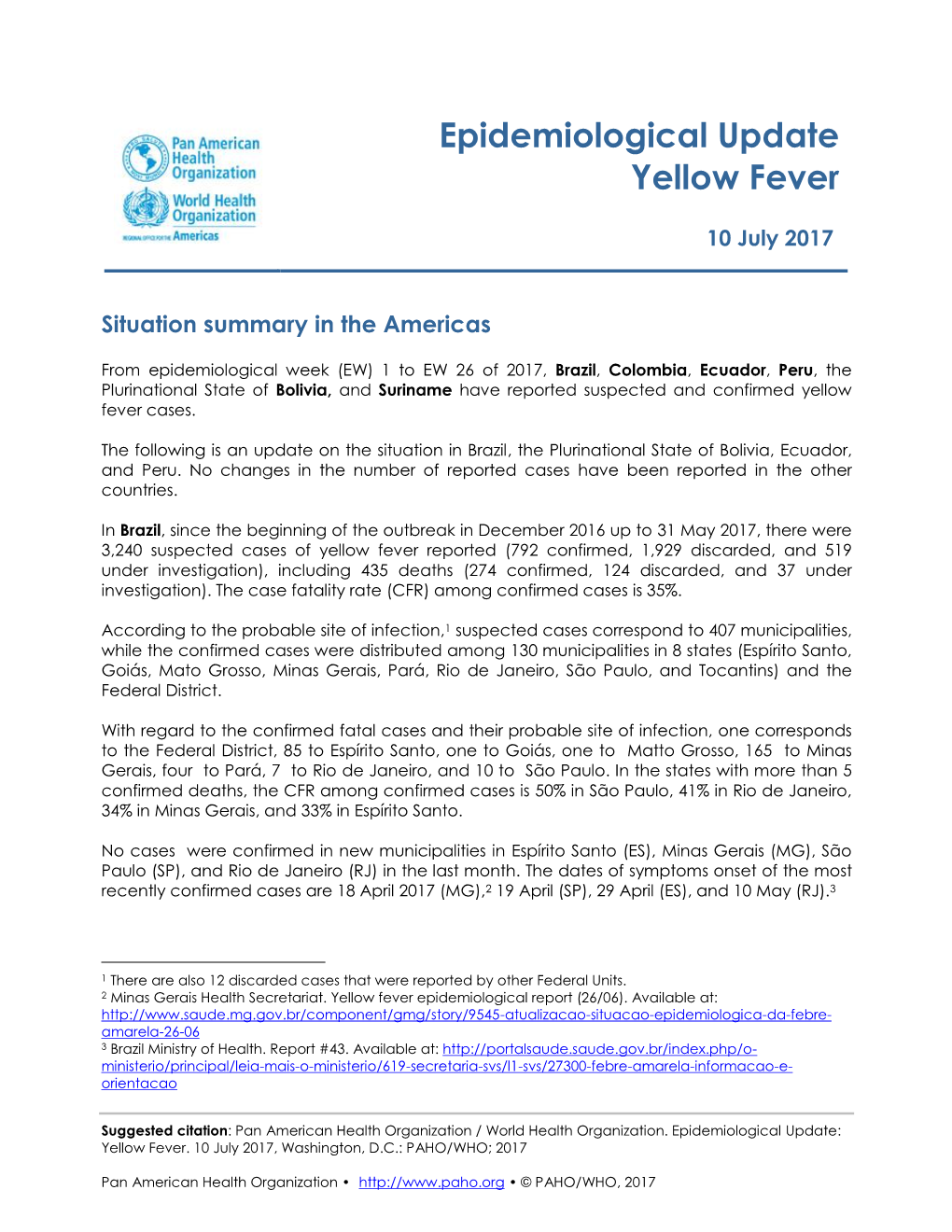 Yellow Fever Epidemiological Update