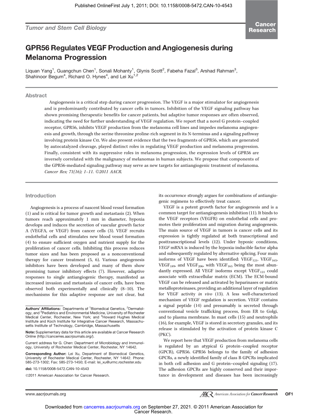 GPR56 Regulates VEGF Production and Angiogenesis During Melanoma Progression