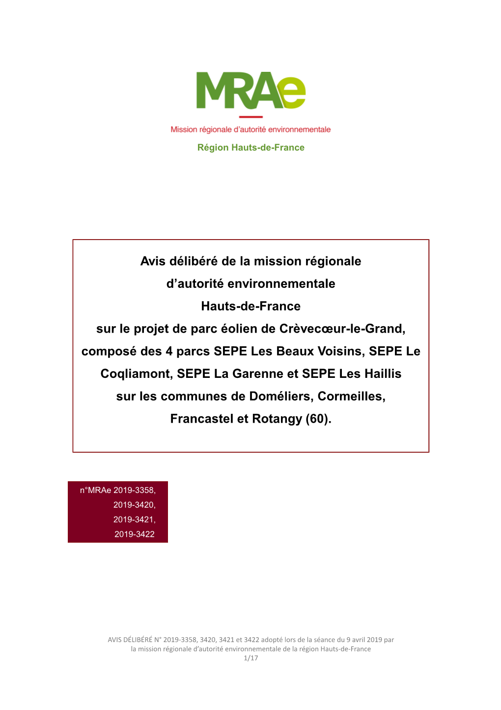 Avis Délibéré De La Mission Régionale D'autorité Environnementale Hauts-De-France Sur Le Projet De Parc Éolien De Crève