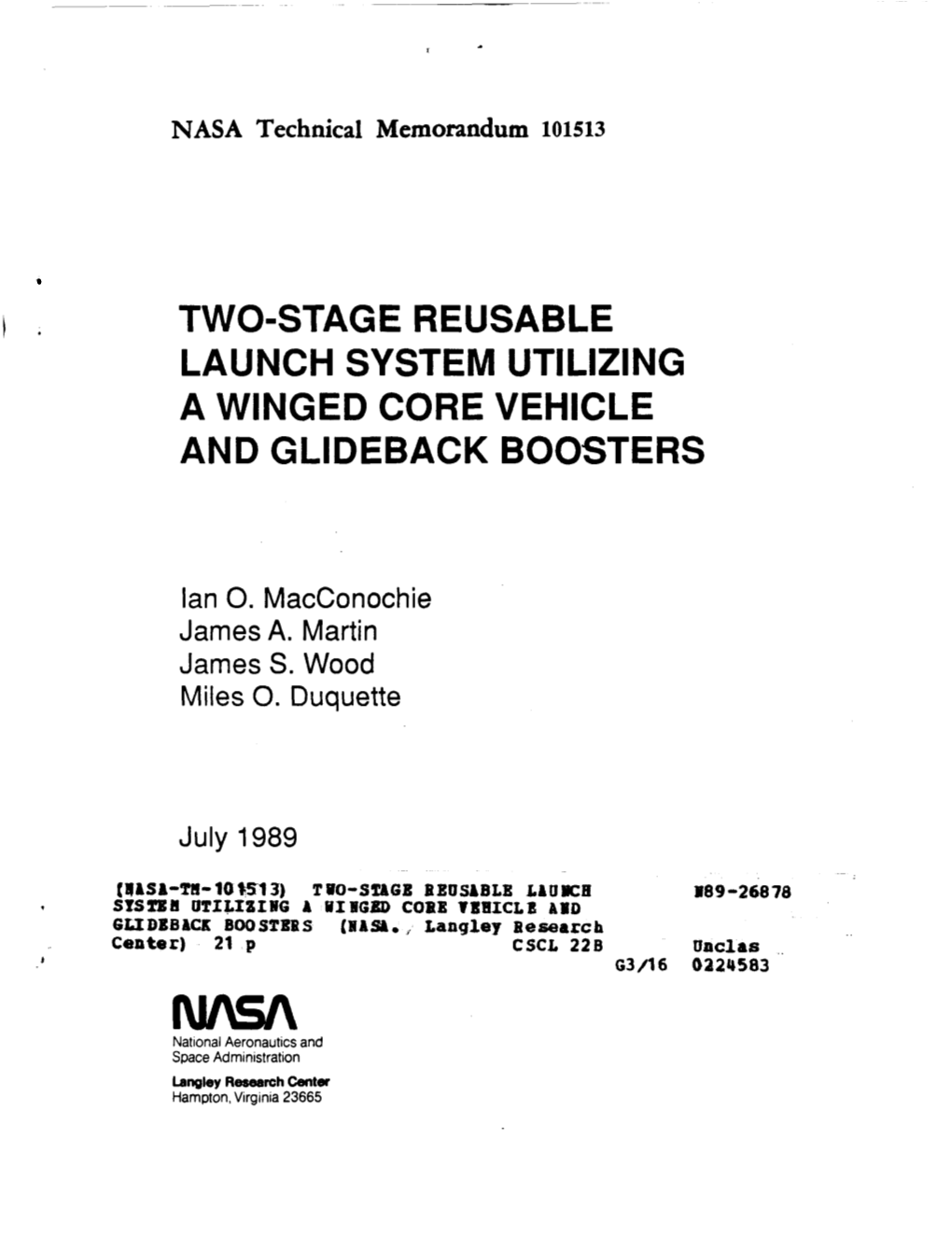 Twolstage REUSABLE LAUNCH SYSTEM UTILIZING a WINGED CORE VEHICLE and GLIDEBACK BOOSTERS