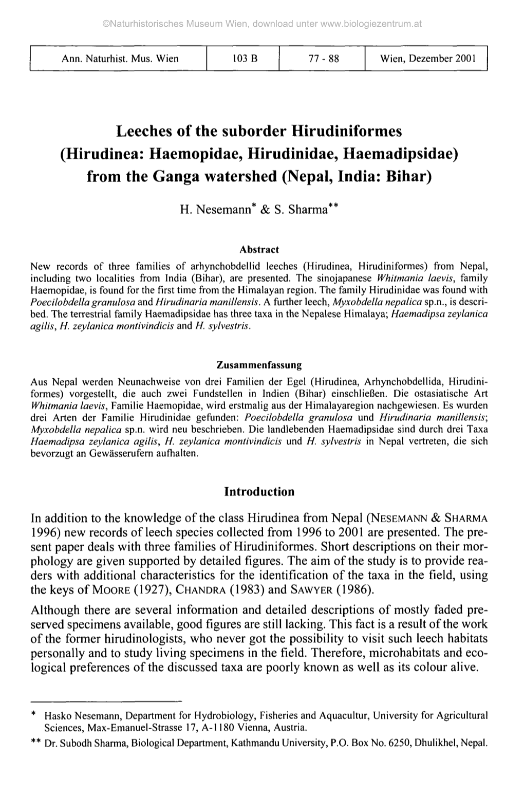 Leeches of the Suborder Hirudiniformes (Hirudinea: Haemopidae, Hirudinidae, Haemadipsidae) from the Ganga Watershed (Nepal, India: Bihar)