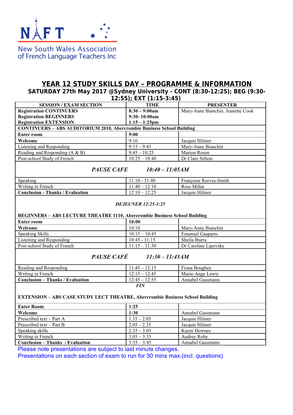 Year 12 Study Skills Day Programme & Information